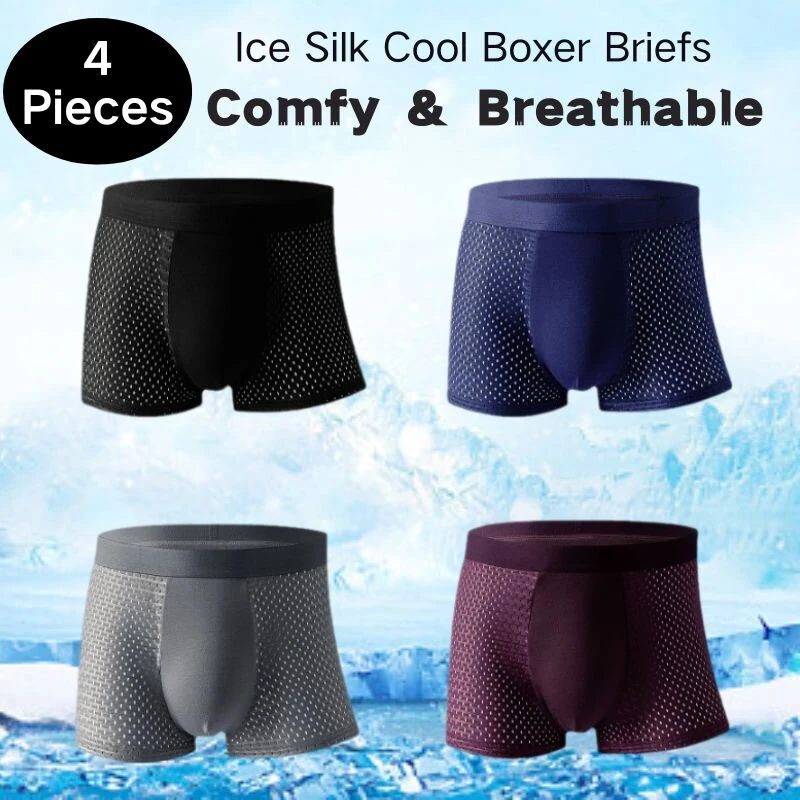 4pcs Men's Ice Silk Mesh Boxer Briefs, Summer Thin Style Breathable Comfy Boxer Trunks, Elastic Sports Shorts, Men's Casual Underwear Daily Bottom Wear (image for) 4pcs Men's Ice Silk Mesh Boxer Briefs, Summer Thin Style Breathable Comfy Boxer Trunks, Elastic Sports Shorts, Men's Casual Underwear Daily Bottom Wear